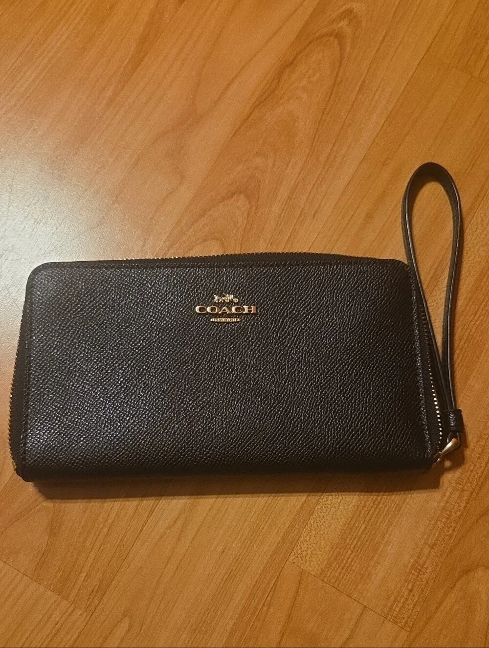 Coach Black Pebbled Leather Zip Wristlet Wallet with Gold Logo